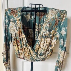 Angie Teal Floral Wrap Blouse m